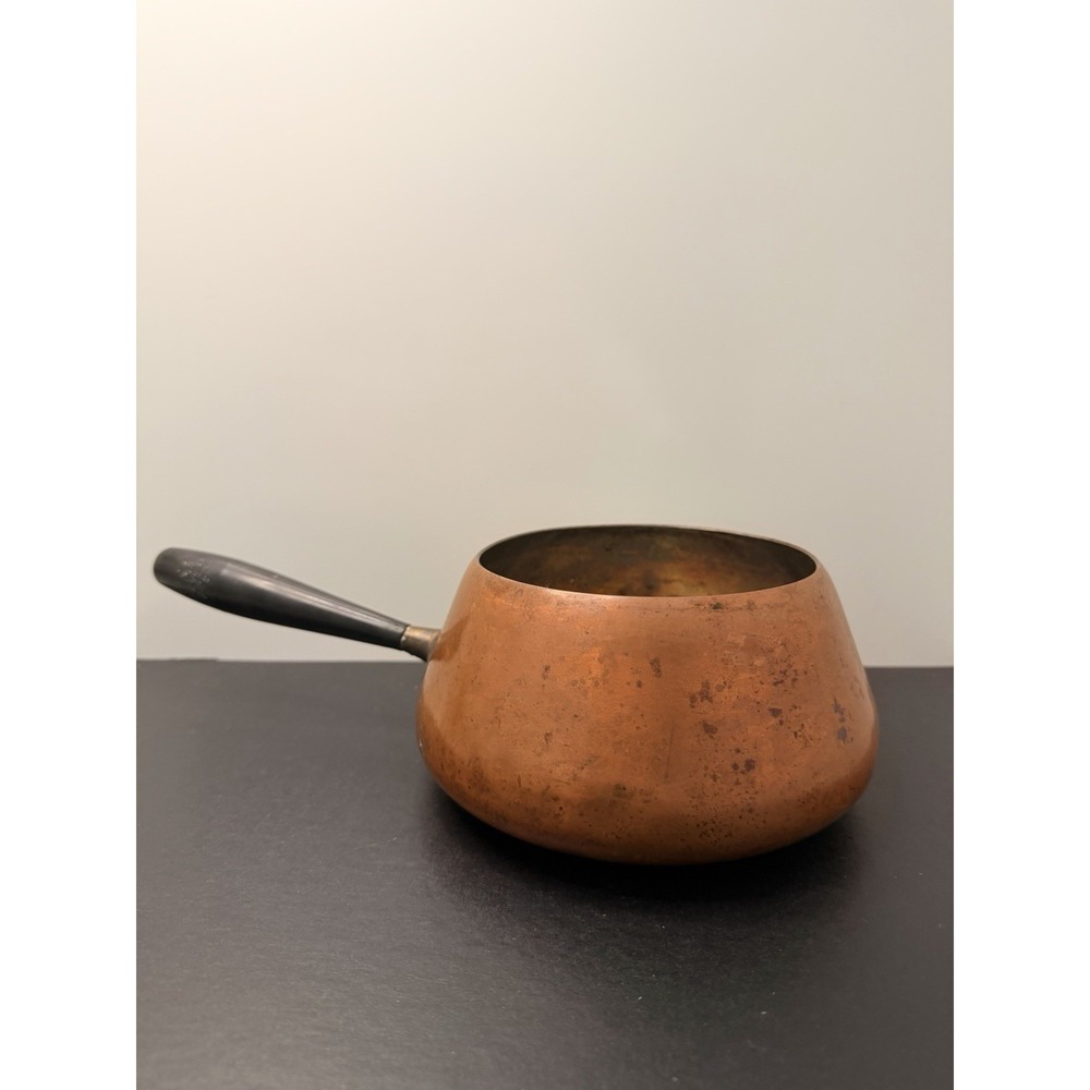 Vintage Copper Fondue Pot Pan Made in Switzerland Wood Handle Metal Lined Swiss